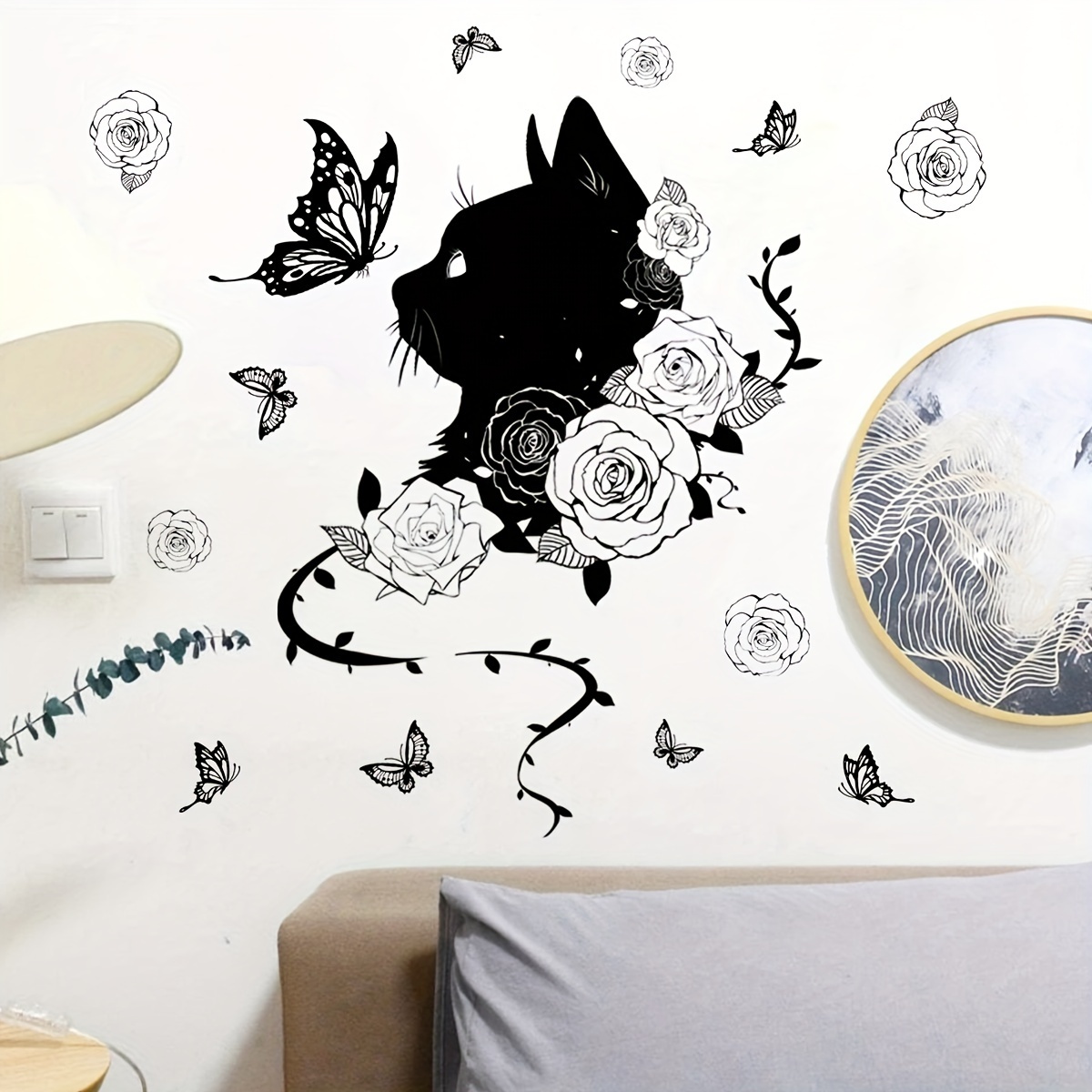 1pc Chic Black Cat & Floral Wall Decal - , Removable Pvc Sticker For Home & Bedroom Decor