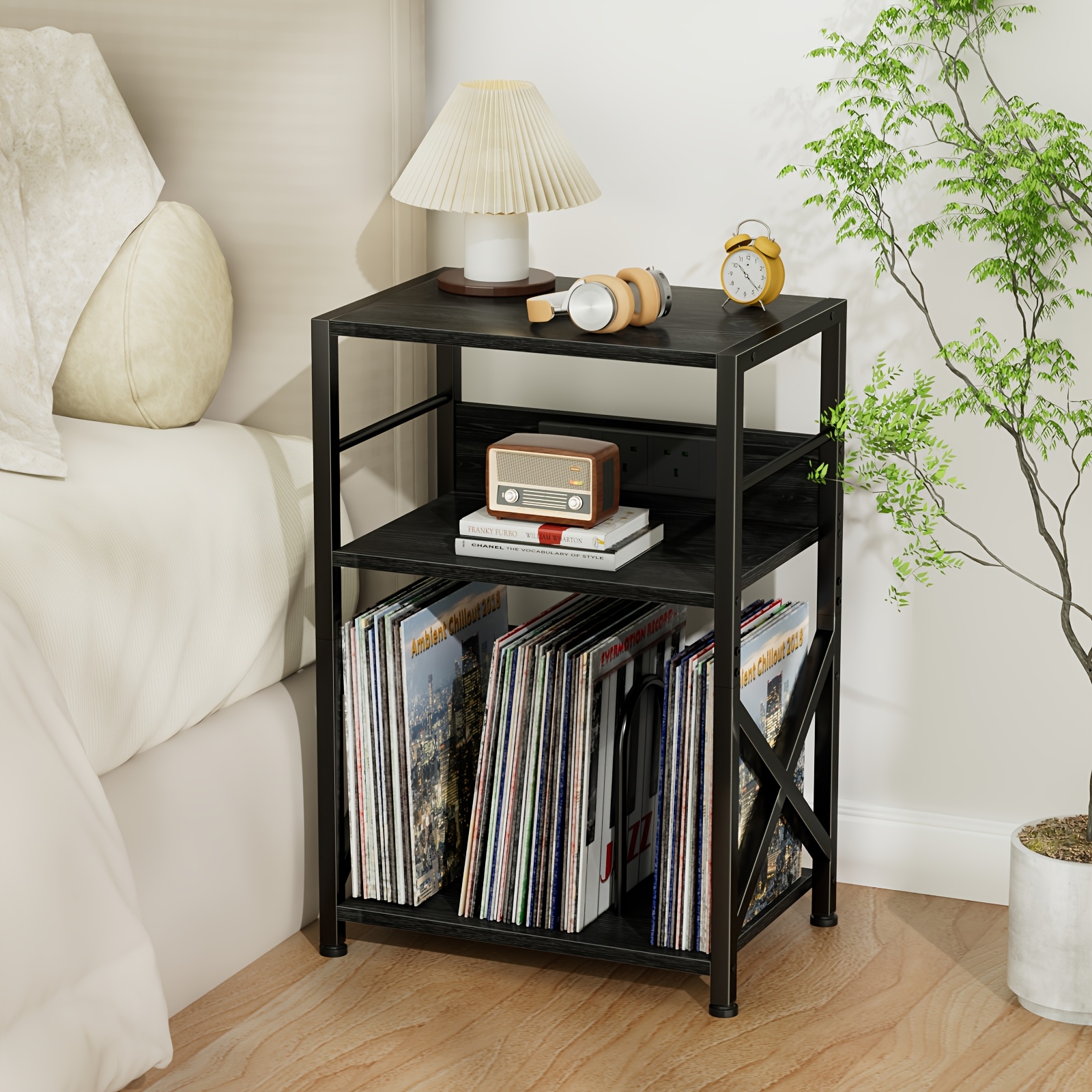 Wooden Record Player Stand with Socket, 3 Layers for 200 Albums