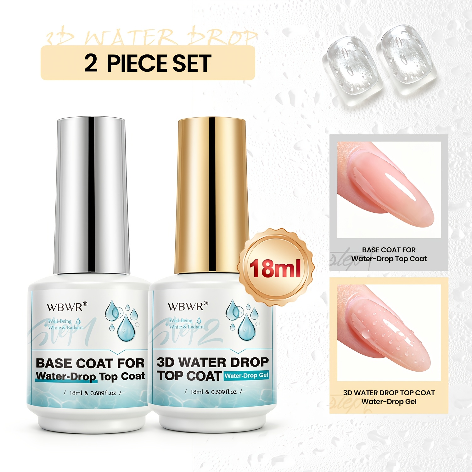 2pcs Water Drop Nail Gel Set, Wbwr 18ml Water Coat & 18ml , 3d Glossy Dewdrop Effect, Clear Nail .