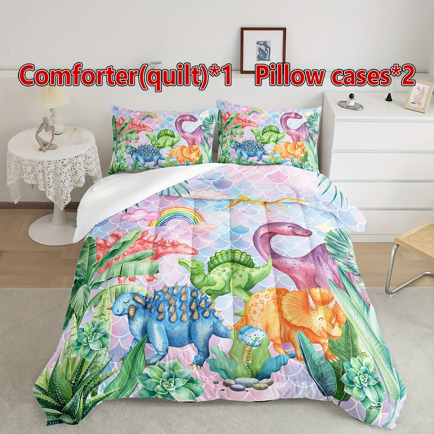 

3pcs Dinosaur Comforter Set, Cute And Rainbow Cloud Printed Pattern Kawaii Dinosaur Bedding Set With 1 Comforter And 2 Pillowcases, For All Season