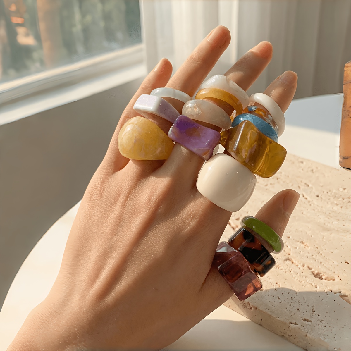 TEMU 15pcs Pcs Bohemian Multicolor Marble Resin Ring Set - Stackable Statement Jewelry Suitable For Holiday Gifts, Parties, Music Festivals, Daily