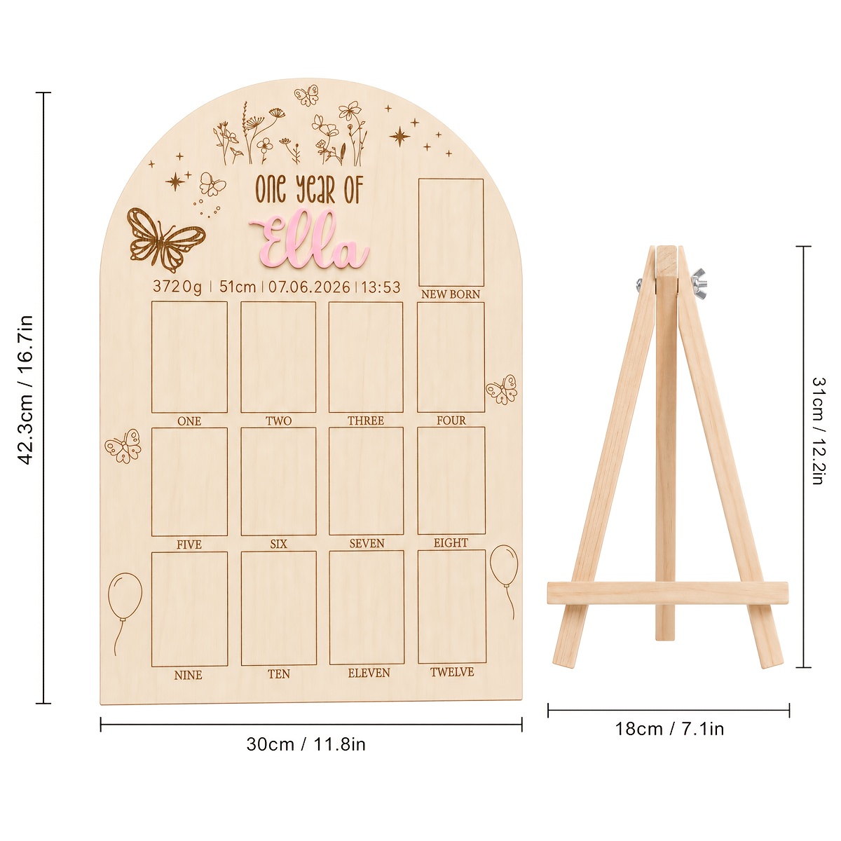 TEMU 2pcs/set Personalized Year Photo Frame Board With Stand Centerpieces - Custom Name & Birth Wooden Memory Display For 12 Months - Nursery Decor