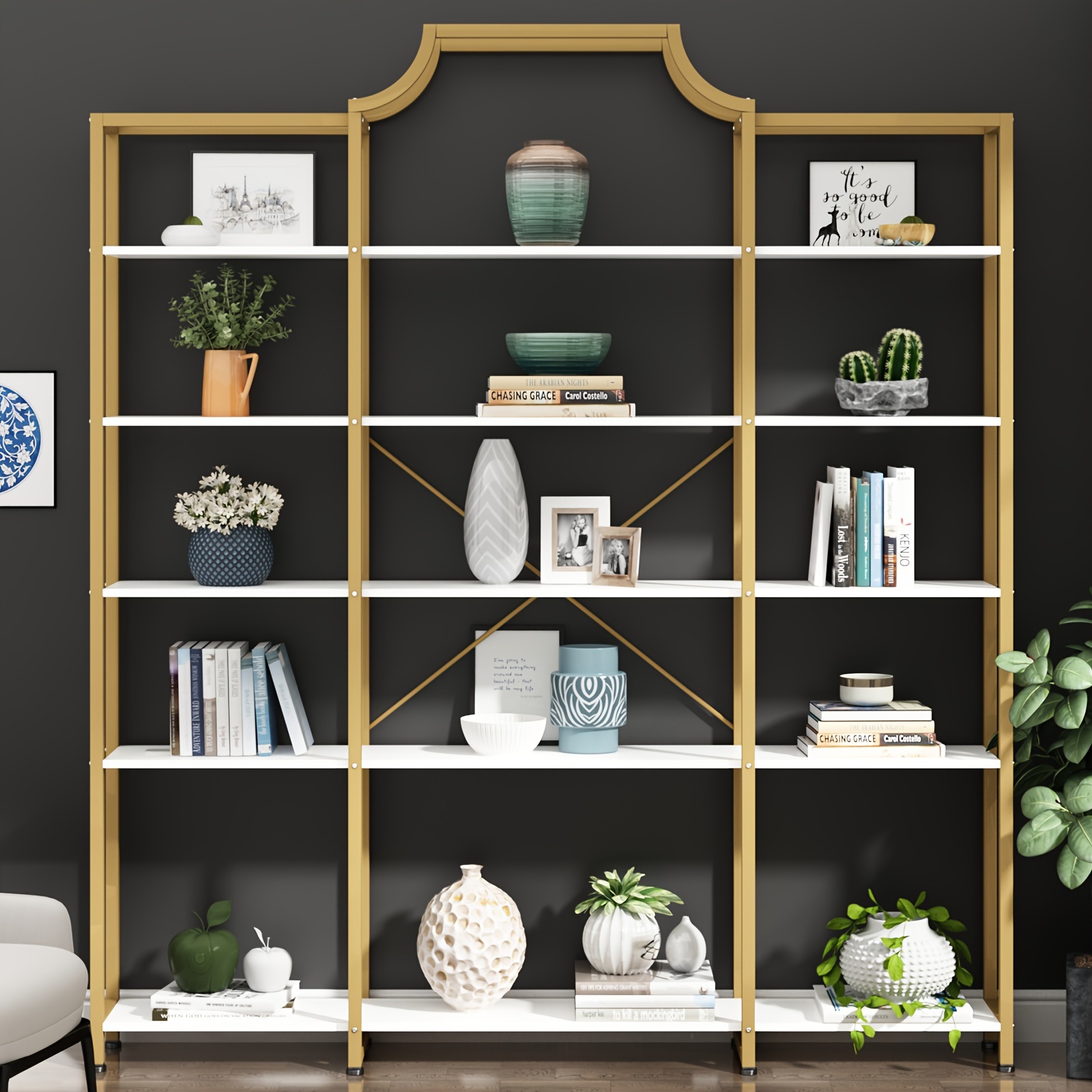 

Triple -tier Bookshelf, Extra Large Bookcase, Freestanding Etagere Storage Shelf, Tall Display Shelf With Metal Frame For Home Office, Living Room, Study Room