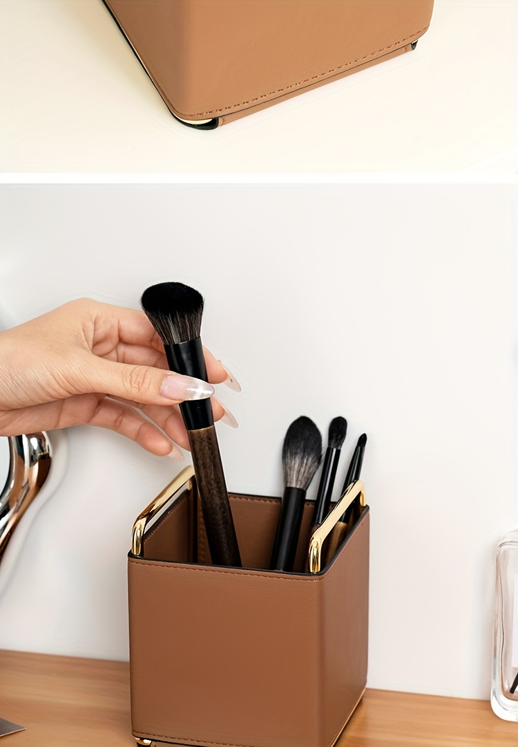 1pc of lightweight   leather storage tube makeup brush organizer vanity eyebrow and eyeshadow brush holder metal frame leather pen case desktop remote   storage box stylish square storage box multifunctional shelf living room countertop organizer fashionable high quality item Product details 8