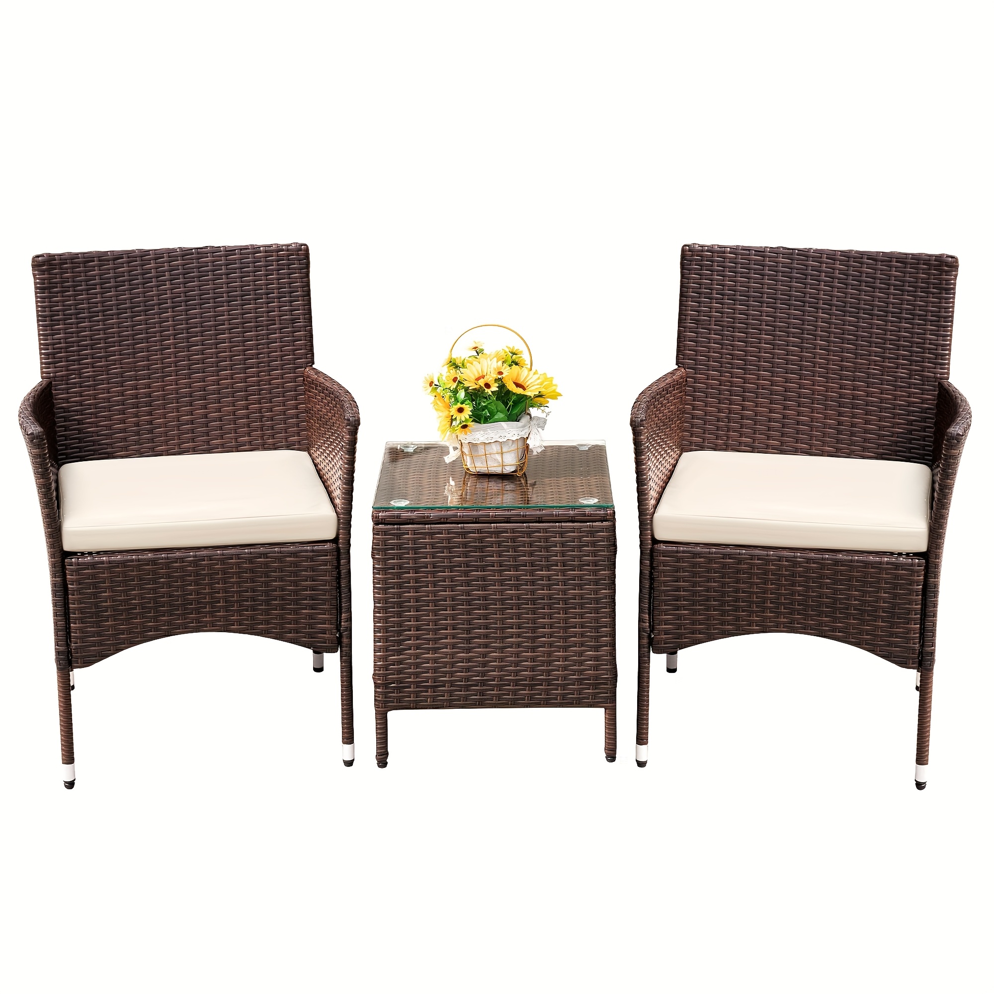 3pcs Rattan Outdoor Patio Set Wicker Conversation Set with Cushion Glass Coffee Table
