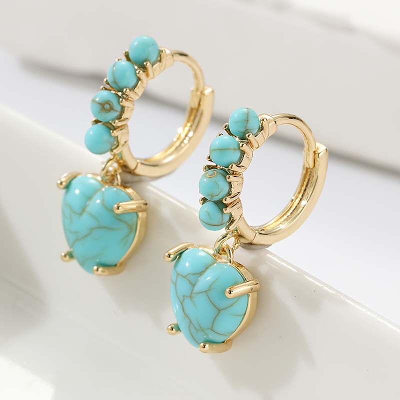 E-shop Böhmische Ethno-Style Synthetische Türkis Kleine Herz Ohrringe, Aqua Blau Ohrring, Kleine Goldfarbene Kupfer Produkte Anhänger Ohrring, Knorpel,