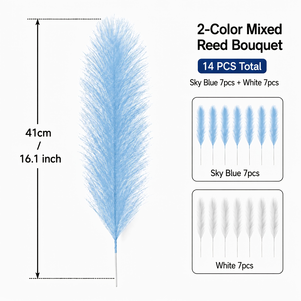 TEMU 14pcs Sky Blue And White Mixed Artificial Reed Decorative Bouquet, 40.89cm Lightweight Feather Grass Vase Arrangement, Suitable For Home ,