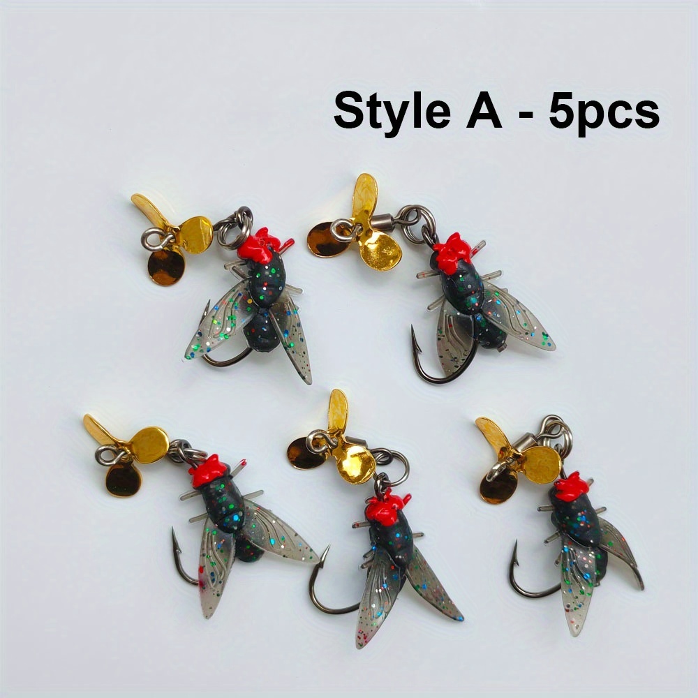 TEMU 5pcs/10pcs Leurre Appât Nouveau 3-Feuilles Spirale Mouche Noire avec Hameçon Boîte Mouche à Tête Rouge Appât Ver Mou - Convient pour Douce et