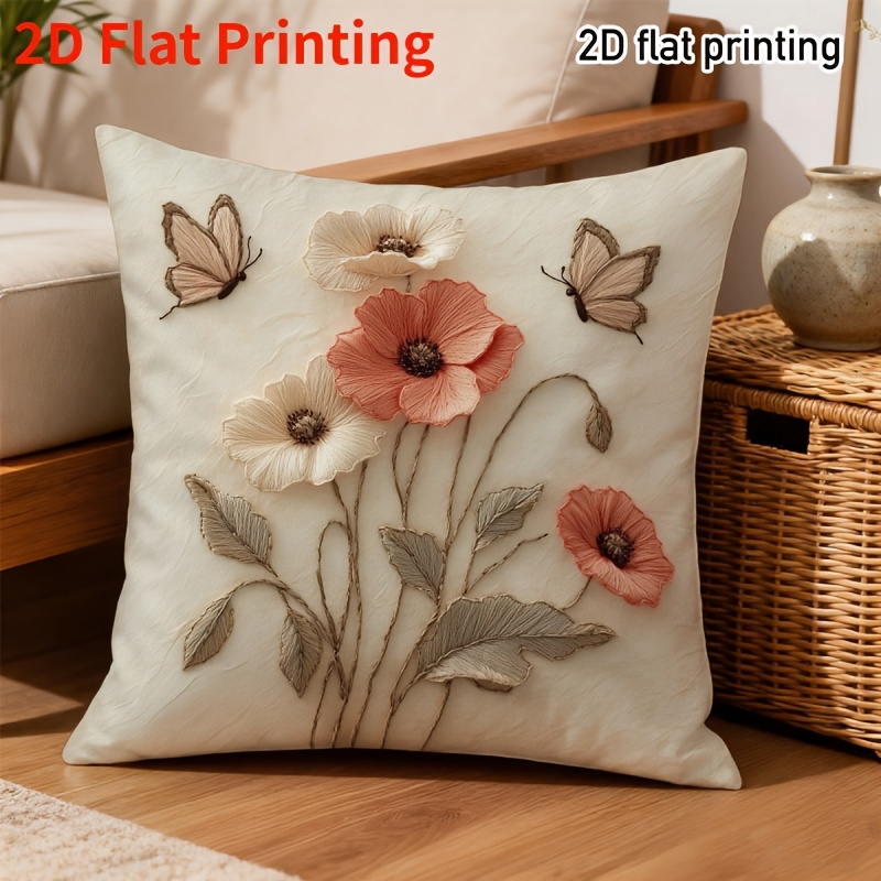 TEMU 2d Flat - This Is A Pack Of 1 Floral Pillow Cover Featuring 2d Flat Printing And Non-real Embroidery. It Showcases Double-sided Designs Of