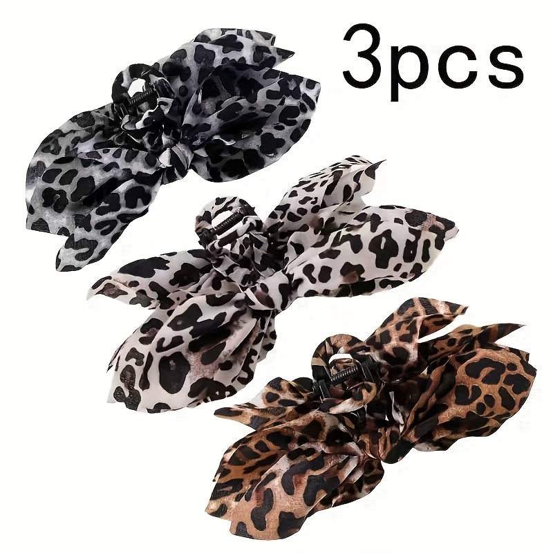 3pcs New High-end Leopard Print Bow Bun Hair Claw Clip For Women, Elegant High Ponytail Hair Clip