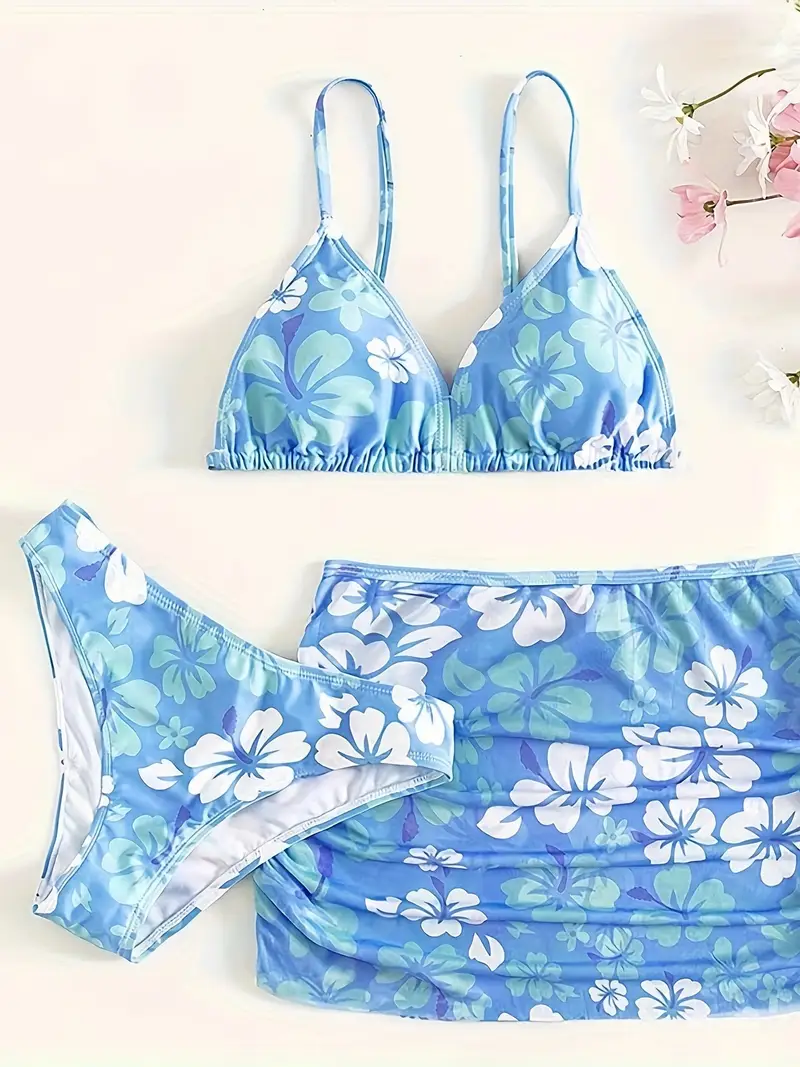 Bikini 3 Pezzi Per Bambina - Stampa Floreale, Con Gonna, Costume Da Bagno Estivo - Foto 7