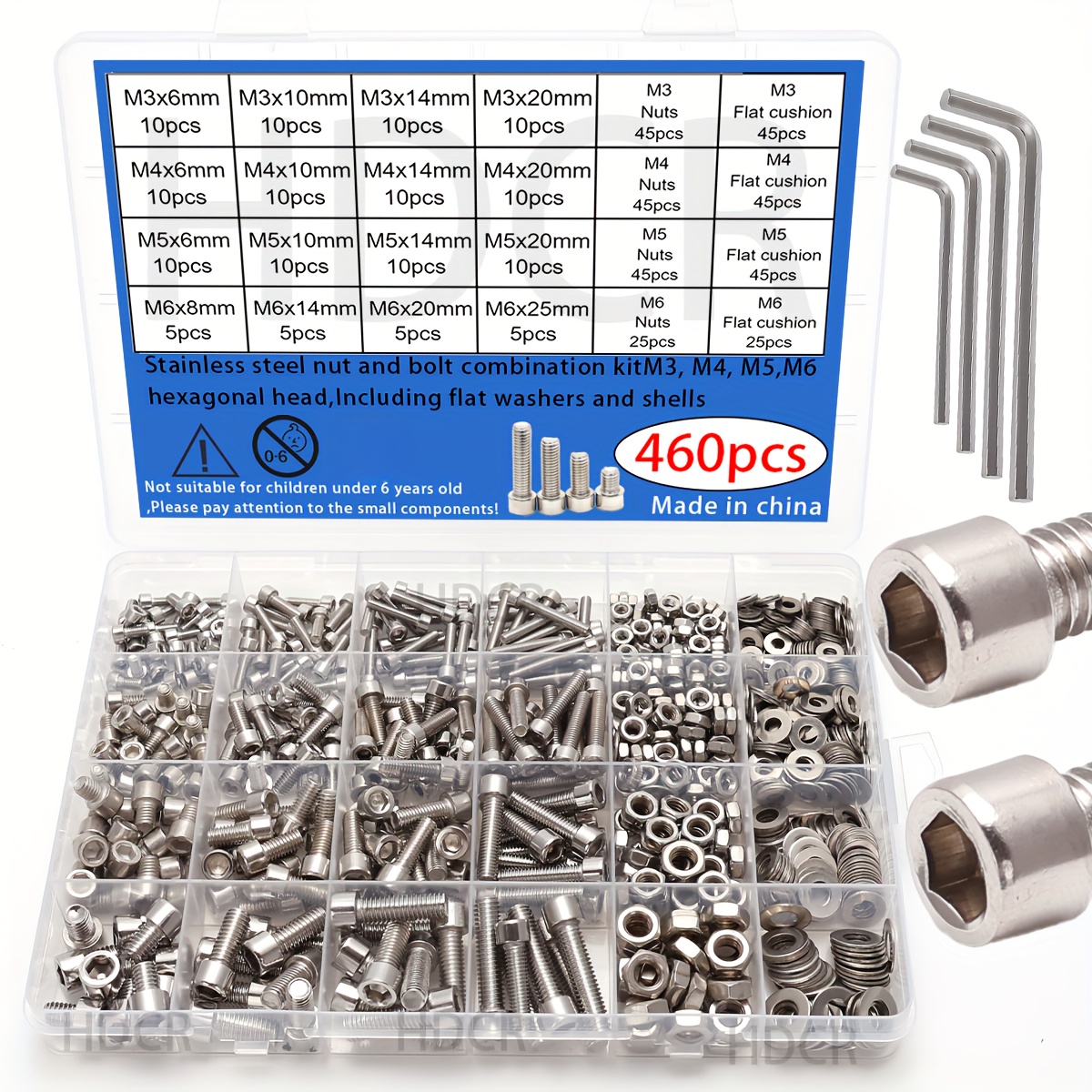 E-shop 460-teiliges Edelstahl-Sortiment mit Innensechskantmuttern Schrauben - M3, M4, M5, M6 - Inklusive Unterlegscheibe Schraubenschlüssel -