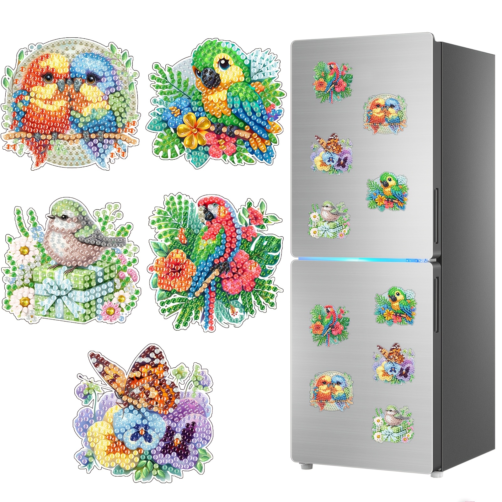 TEMU 5pcs Set: Parrot Pattern 5d Magnetic Ornaments, Pattern Handmade Art Decorative Stickers, Animal-themed Diy Diamond Painting Refrigerator