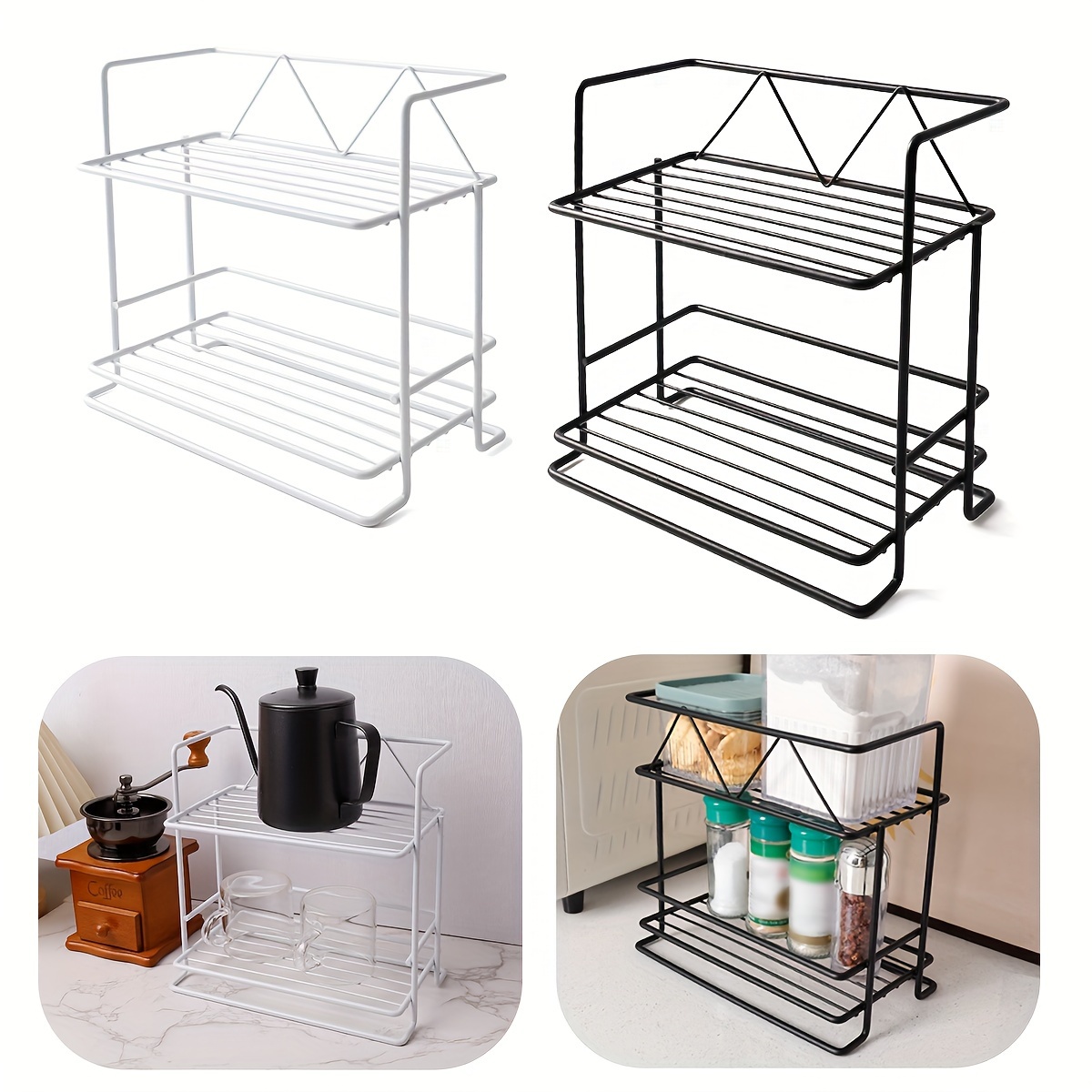 

Double-layer Iron Storage Rack - Powder-coated , Kitchen Spices & Cosmetics, Ideal Countertop Organizer For Home, Office, Or Dorm