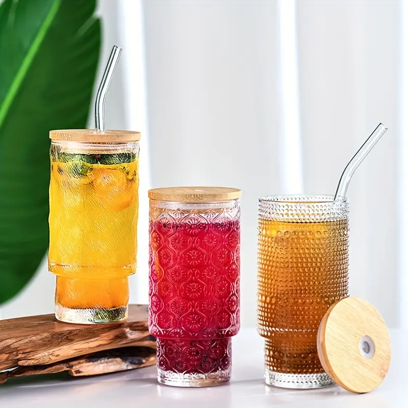 glass cups with lids and straws 4 packs bamboo mason jar valentines party drinking jars glasses 11oz vintage glassware set embossed vintage drinking glasses for beer cocktail soda iced coffee smoothie tea water Product details 0