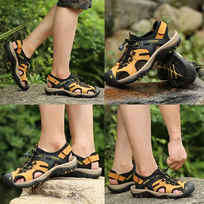 plus size mens stitching closed toe slip on sandals with hook loop fastener breathable beach sandals for outdoor spring and summer details 8
