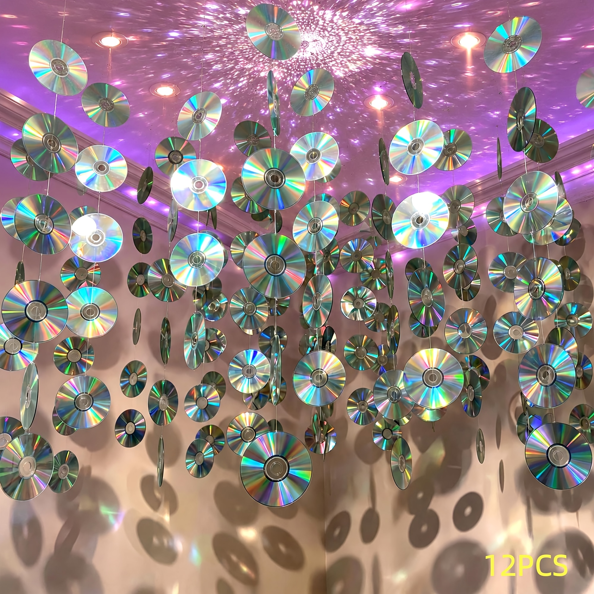 TEMU 12pcs Set 90s Party Decorating Simulation Plastic Cd Disc Disco Hanging Ornament Y2k 2000s Cd String Lights Fishing Line And Hook Required Music