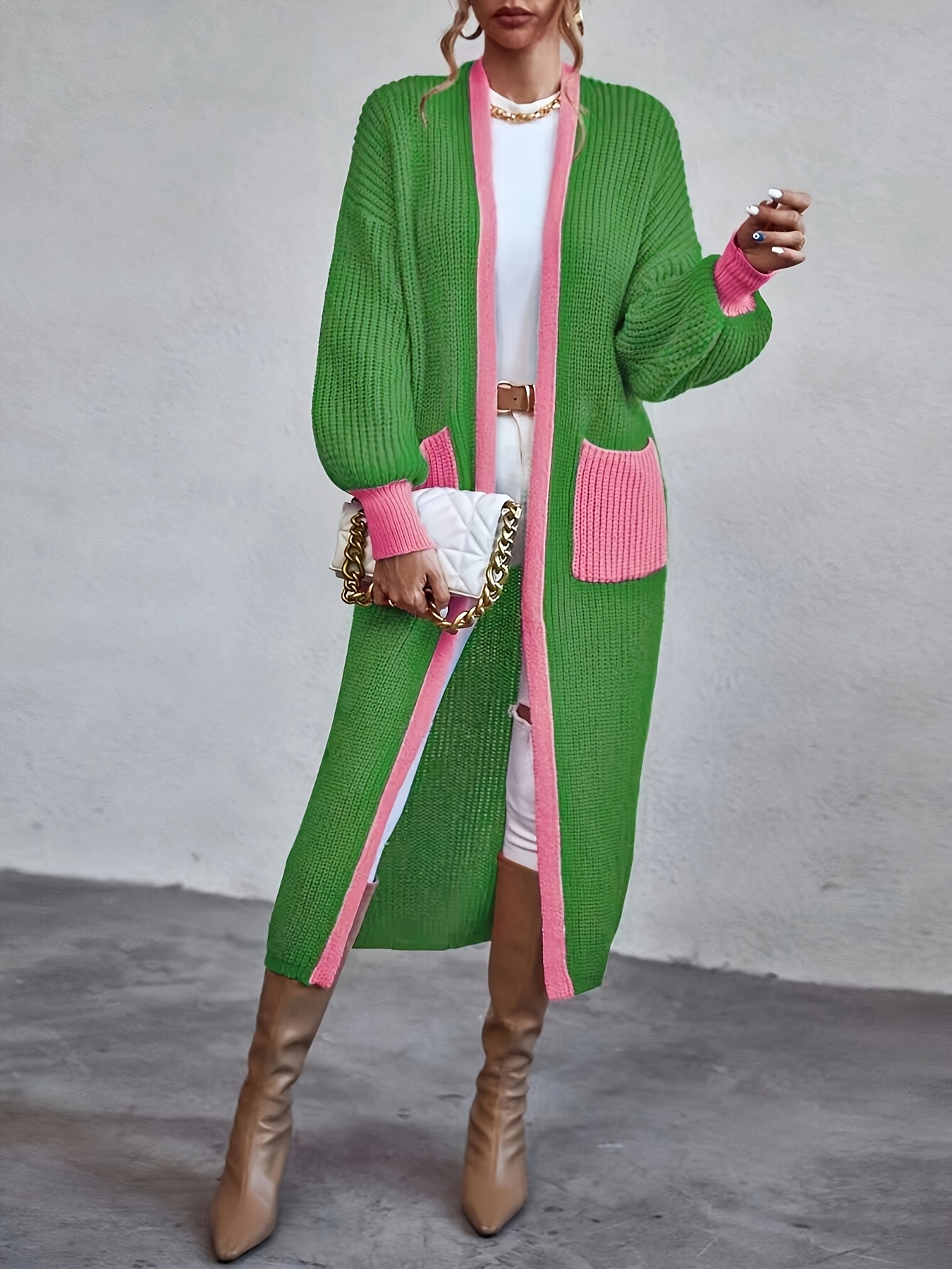 Color Block Open Front Duster Cardigan, Stylish Lantern Sleeve Drop  Shoulder Dual Pockets Cardigan, Women's Clothing