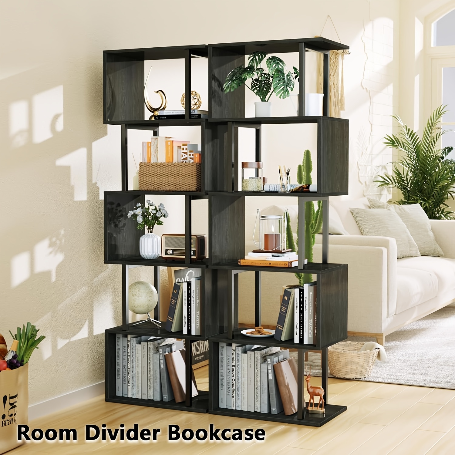 6-Tier Tall Bookshelf, Lofty Geometric Book Cabinet, S-Shaped Industrial-Style Display Freestanding Bookshelf, Metal And Wood Decorative Storage Partition Rack, Suitable for Bedroom, Living Room, Office, Black/White