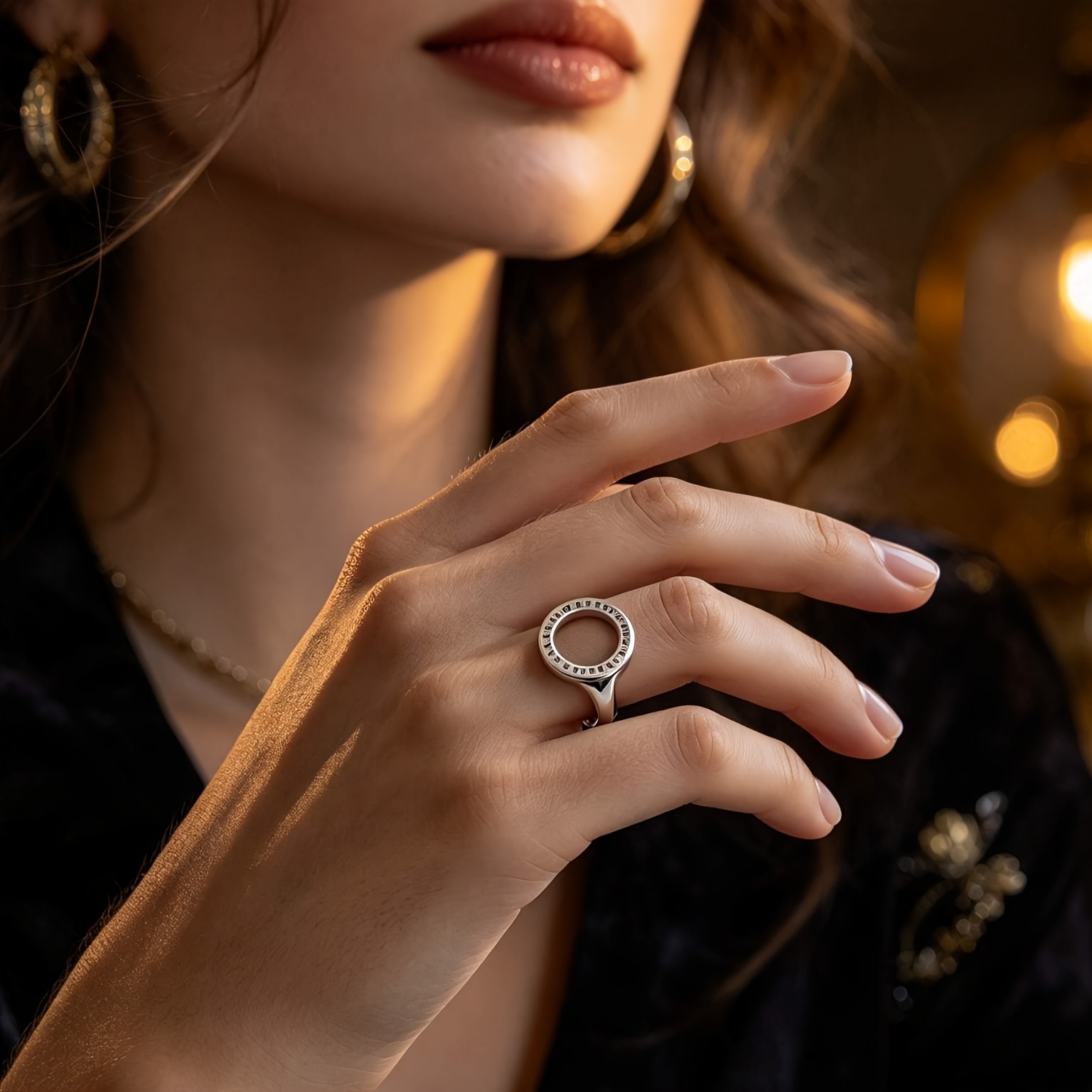Engraved Hollow Round Open Statement Ring, Adjustable