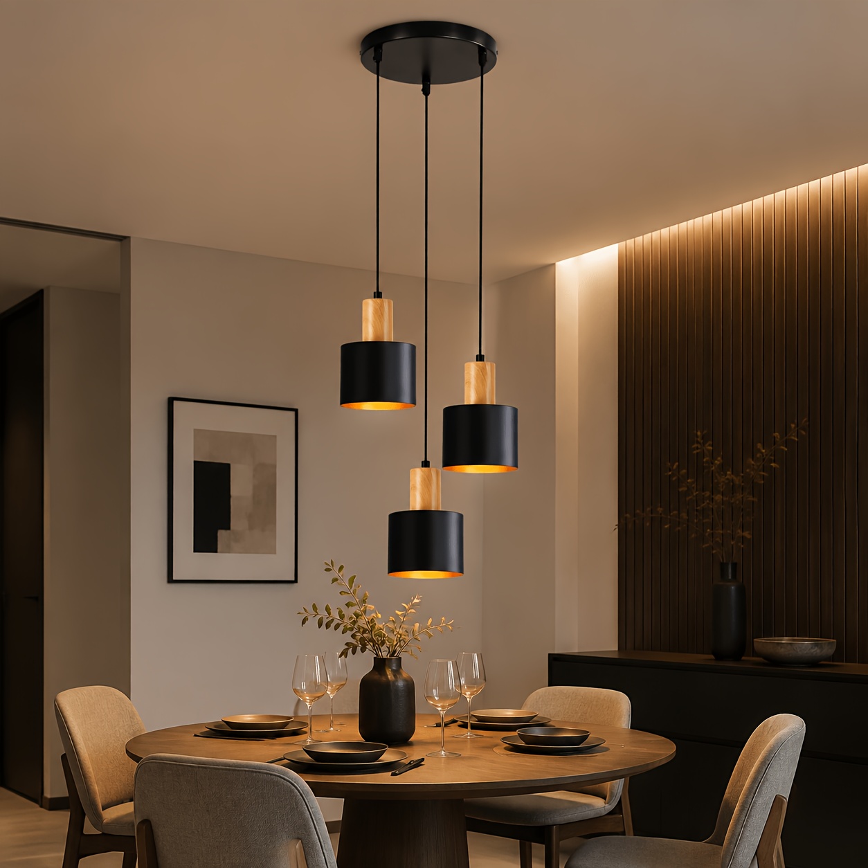 Image of Pendant Light 3-bulb Pendant Lamp Dining Table Vintage Kitchen Lamp | Hanging E27 Dining Room Lamp Black Wood Colour Pendant Light Round Kitchen Island Dining Area Without Bulb