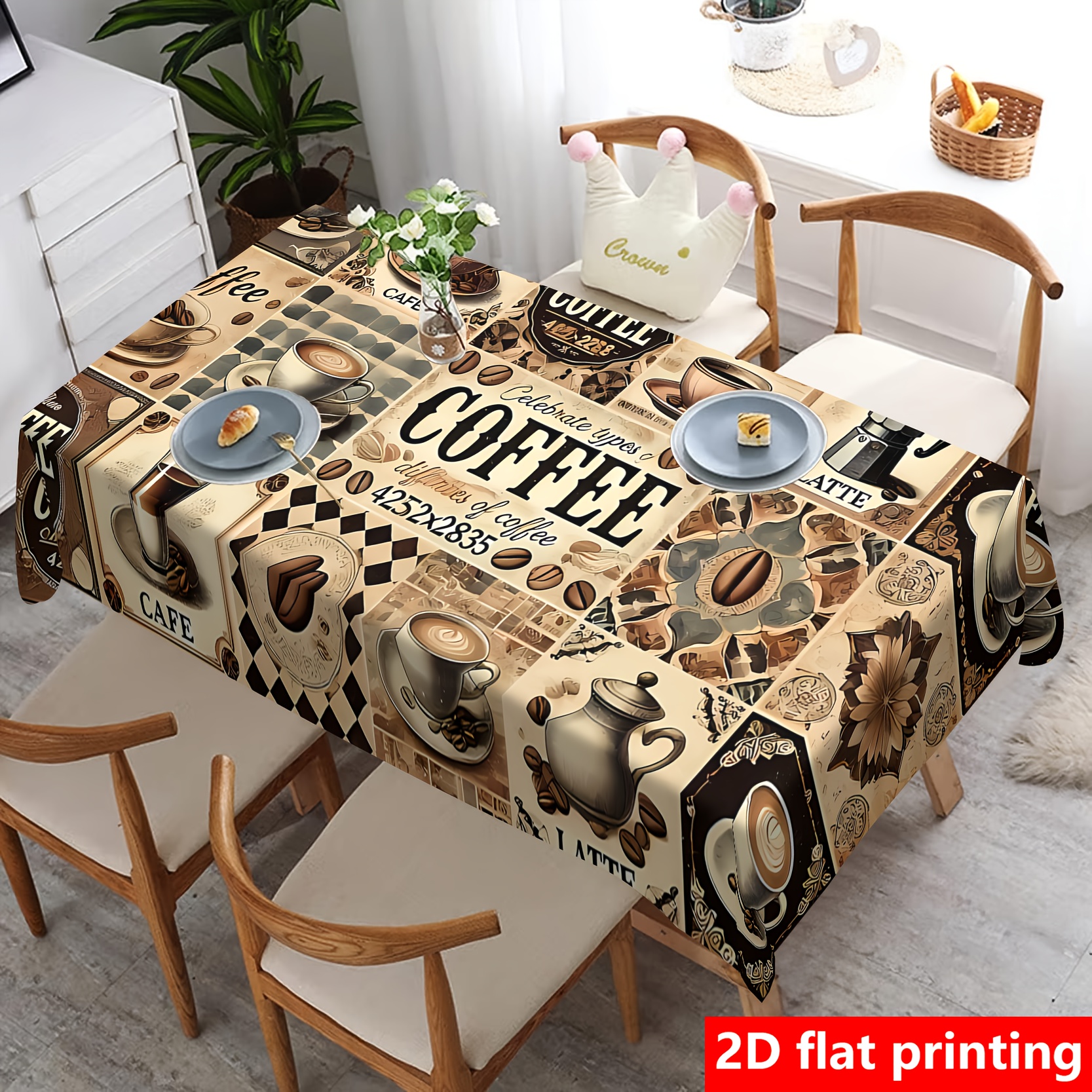[ Product] 1pc Retro Coffee Pattern Tablecloth, Durable Polyester, Suitable For Home Kitchen, Restaurant Patio Indoor And Outdoor Use During Festivals