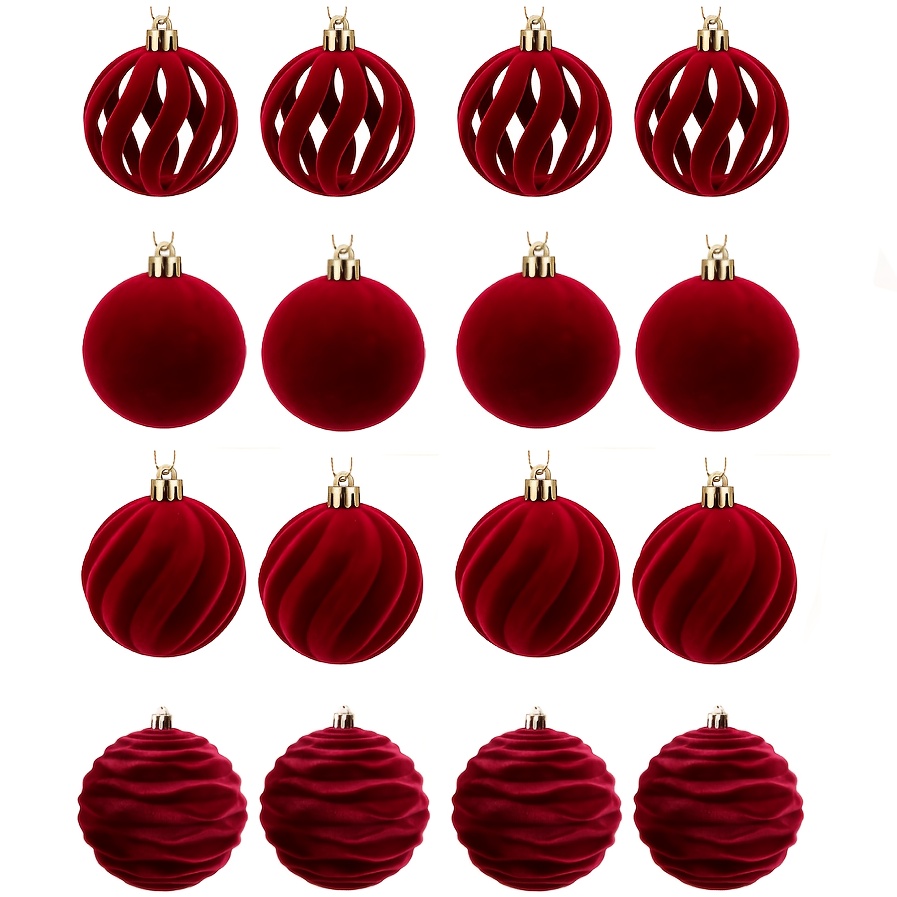 TEMU 16pcs Burgundy Red Flocked Christmas Ball Ornaments, 4 Styles Of Velvet Christmas Tree Decorations, -proof Hanging Christmas Ornaments, Suitable