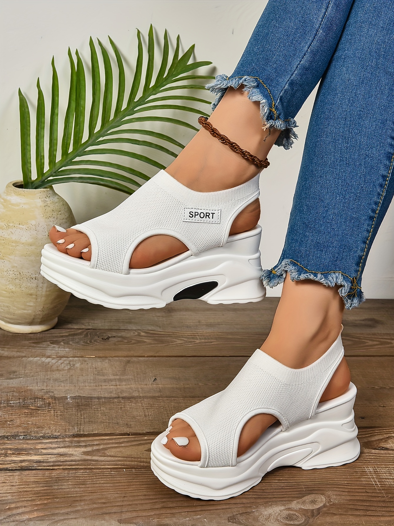 Shoe White Thick Sole Sandals Women's Summer White Knit Sports