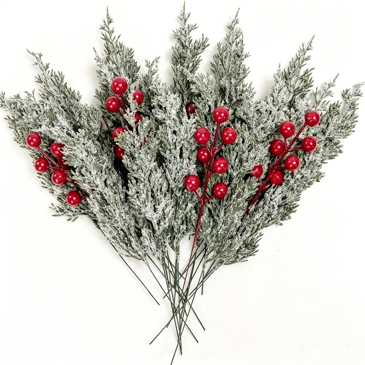 Sharkbee 14pcs Artificial Pine Branches With , Red Winter Christmas Green Tree Branches, Leaves, Norfolk Pine Needles For Diy Wreath Making, Indoor Vase Decor, Fireplace Decor, Christmas Tree Decor