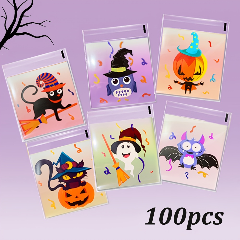 TEMU 100pcs Assorted Halloween Series Cute Cartoon Pattern Self-adhesive Bags Small Gift Bags Party Baking Cookie Candy Packaging Bags