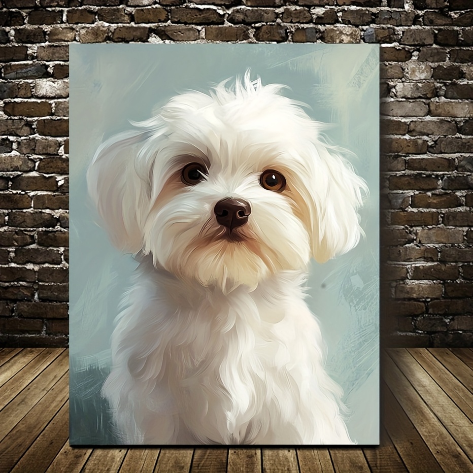 TEMU Impression d'art sur toile de chien maltais Elektronext 2D plat, 2D plat, 1 pièce - cadre, matériau en bois, 29,97 cm x 39,88 cm - Chien blanc