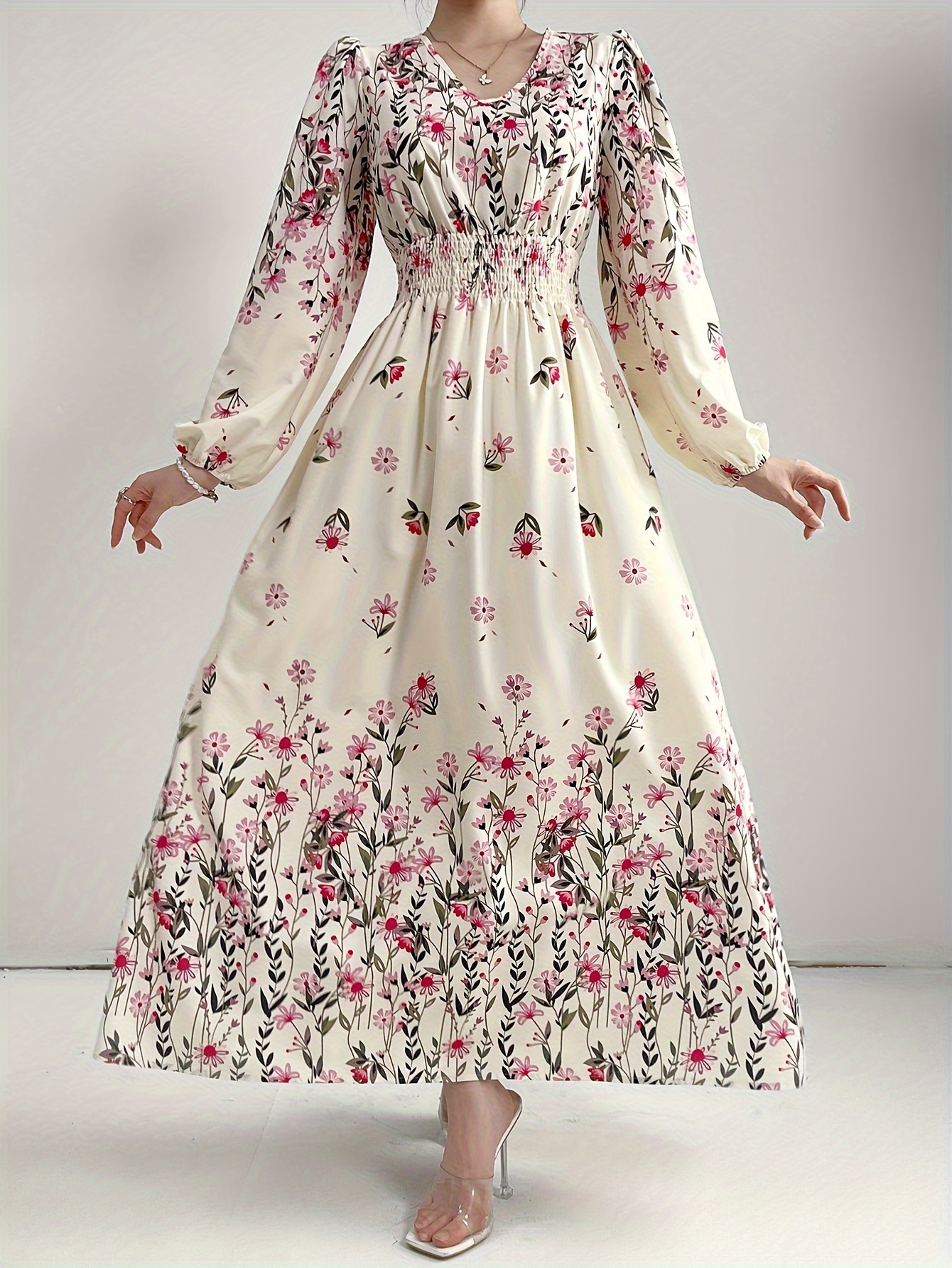 Maxi Floral Dresses Edgars Basic Casual Dresses Womens V Neck Floral Maxi  Dress Long Lantern Sleeve