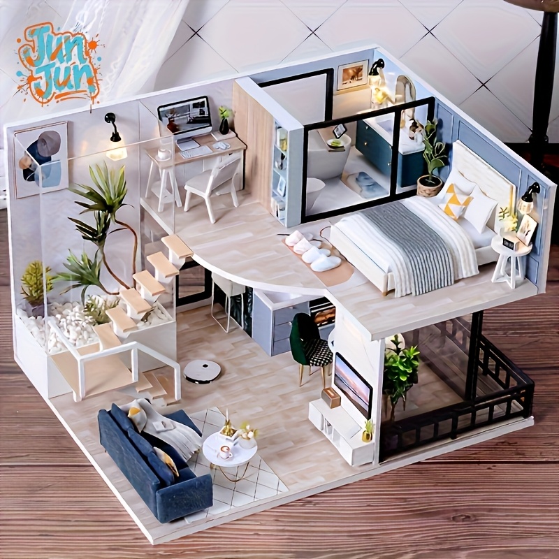 wooden 3d three dimensional assembly double story cottage puzzle handmade apartment building scene model house with furniture suitable for birthday gifts for men and women holiday gifts no   batteries required