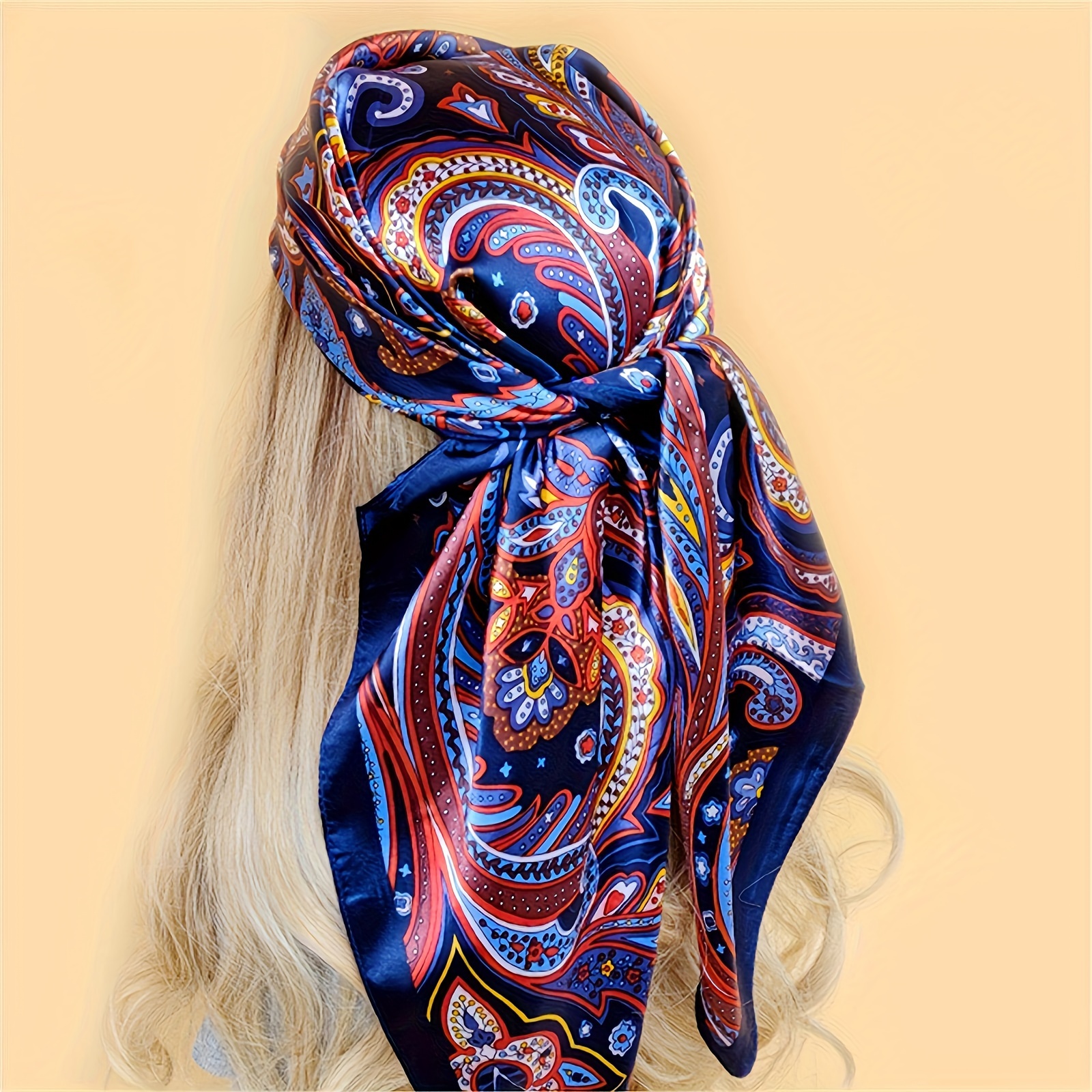

35.43" Colorful Printed Square Scarf Thin Smooth Neck Scarf Boho Elegant Style Windproof Sunscreen Headscarf For Women