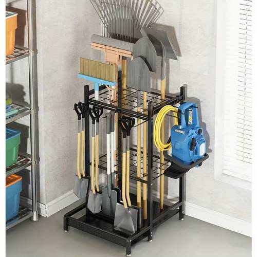 heavy duty steel garden tool organizer with wheels adjustable shelves hooks for rakes brooms shovels floor mounted garage shed storage rack black polished easy assembly sturdy shelf design gardening tools
