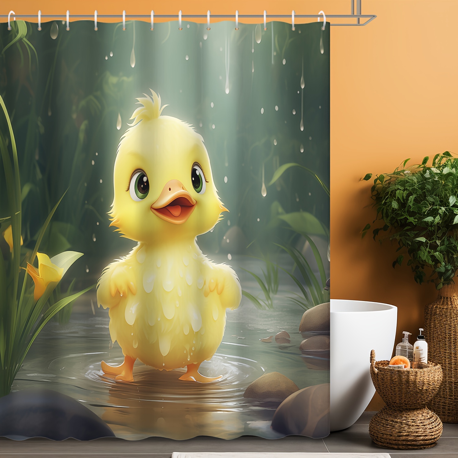 

1pc Cartoon Duck Pattern With Hooks, Waterproof Bathroom Partition, Bathroom Accessories, Home Decor