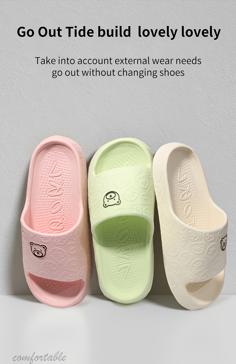 1 Pair EVA Slippers for Couples, Cartoon Bear Design, Comfortable Non-Slip Thick Sole, All-Season Casual Home Bathroom Sandals, Hand Washable, House Slippers