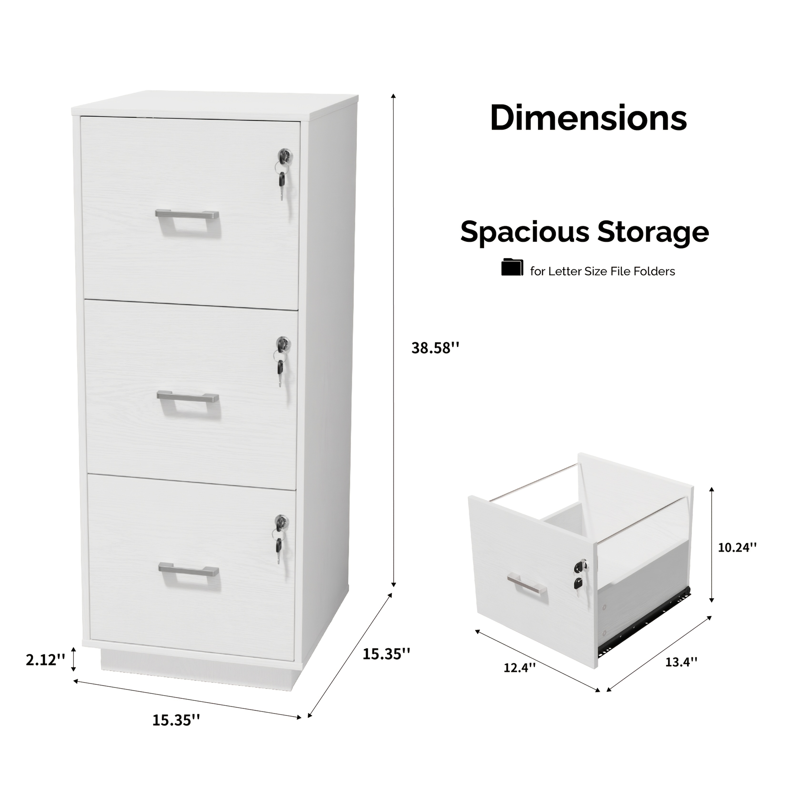 Bonnlo 3-Drawer Lockable File Cabinet - Wood Filling Organizer with 2 Drawers, 27