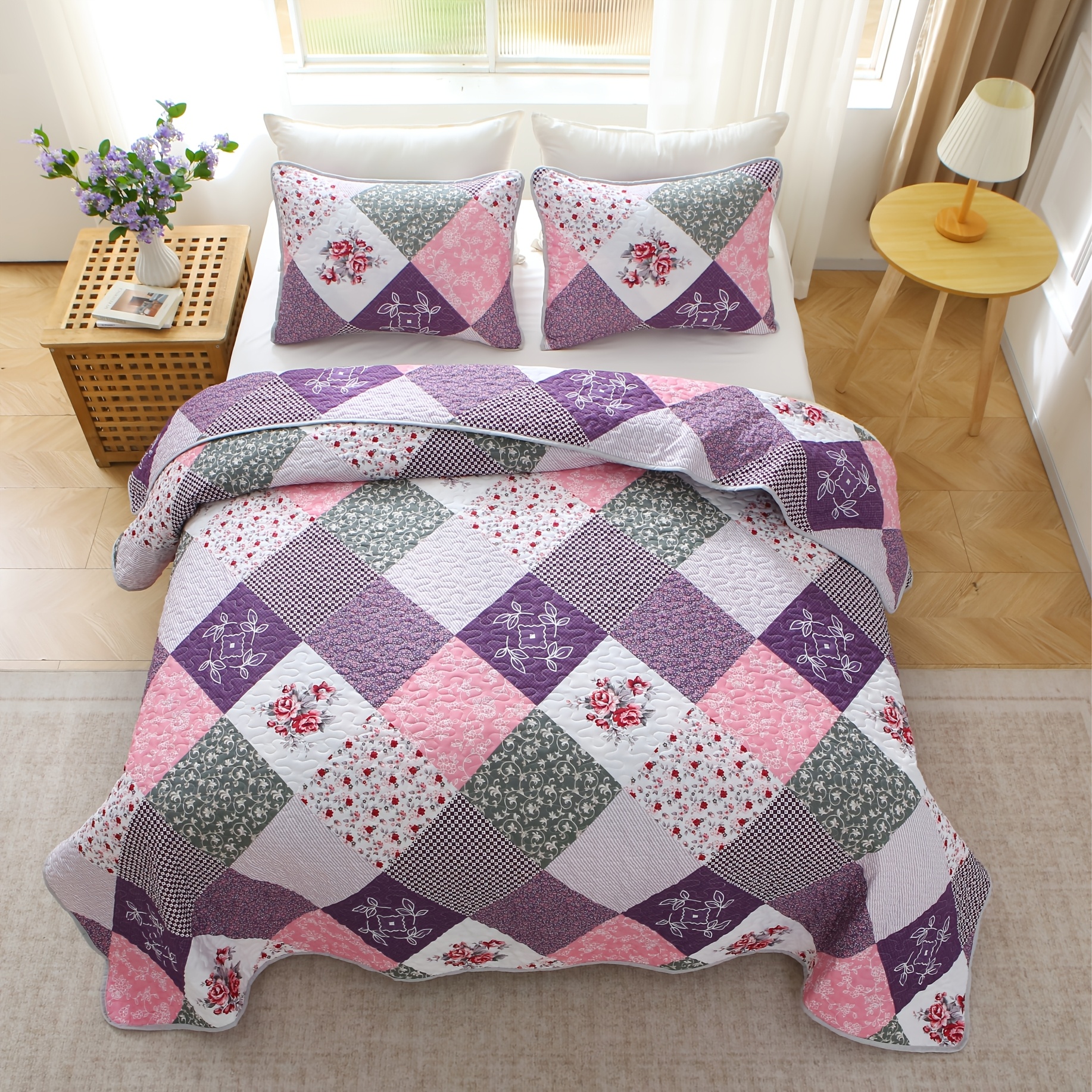 3pcs Purple Floral Print Quilted Bedspread Set, 1 Bedspread, 2 Pillowcases, Excluding Pillow Inserts