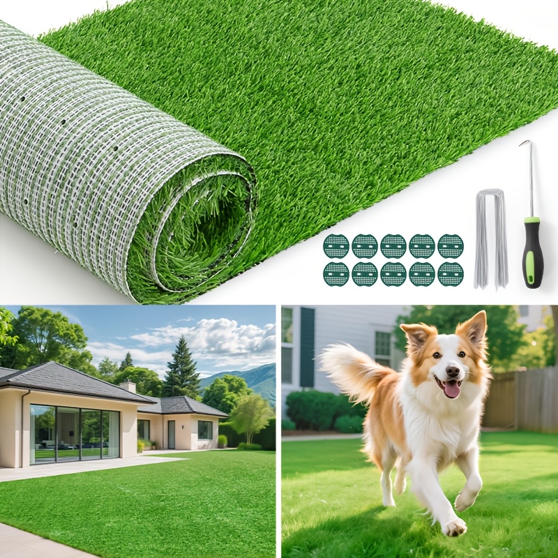 TEMU Green Realistic Artificial Grass 1.2" Pile Height Rug Fake Grass Mat With Drainage Holes & Rubber Backing For Indoor Outdoor Lawn Landscape