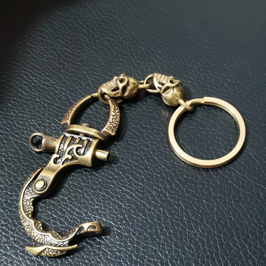 Handcrafted Vintage Brass Skull Keychain - Gothic Pirate Biker Accessory with Intricate Floral Design, Durable Metal Key Ring for Men, Goth Accessories, Edgy Accessory, Intricate Craftsmanship