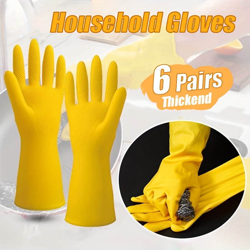 

6 Pairs Thickened Rubber Household Gloves, Waterproof Plastic, Comfortable Texture, Non-slip Grip, Rolled Cuffs - Multipurpose For Bathroom, Kitchen, Cleaning