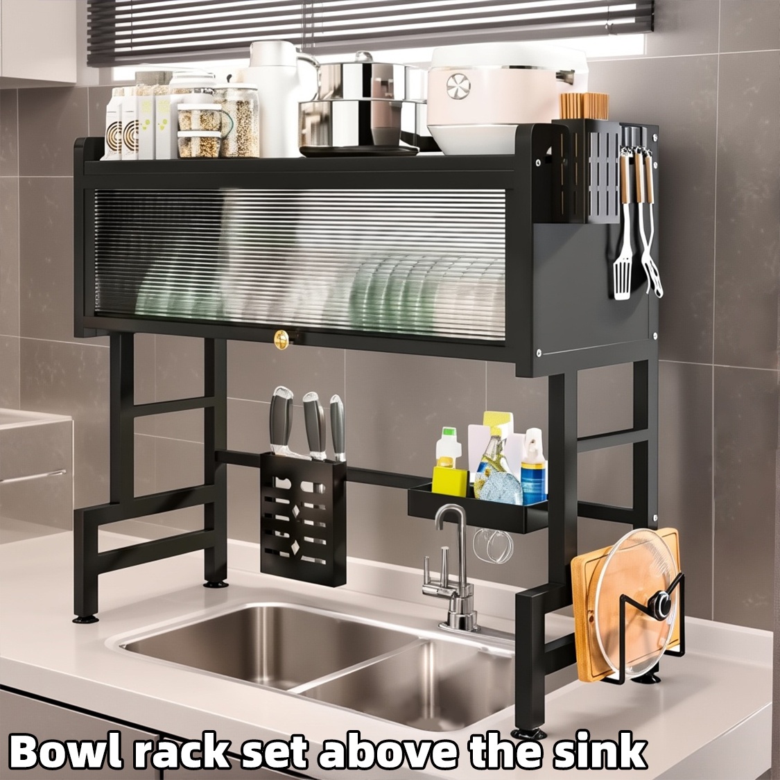 A Kitchen Sink Storage Rack, a Multifunctional Holder for Chopsticks, Plates, And Bowls That Drains Water, Features a Dustproof Cabinet Door, Made with Thicker And Sturdier Materials, Has a Strong Load-Bearing Capacity, Larger Capacity