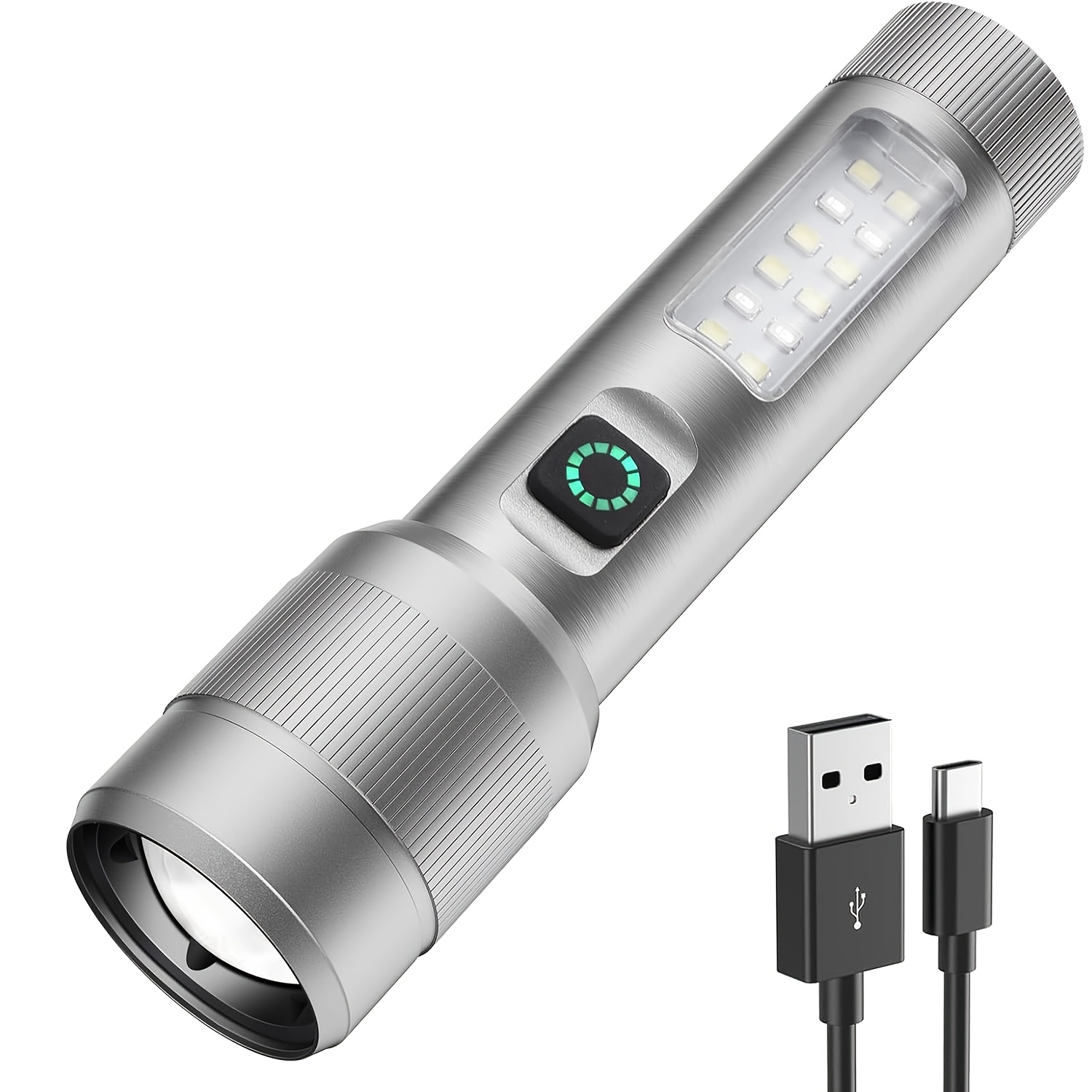 TEMU 5000lumen Rechargeable Led Flashlight With Charging Cable, 6 , Beam & Cob Side Light, Usb-c Powered, A Lloy Construction For Camping, Hiking,