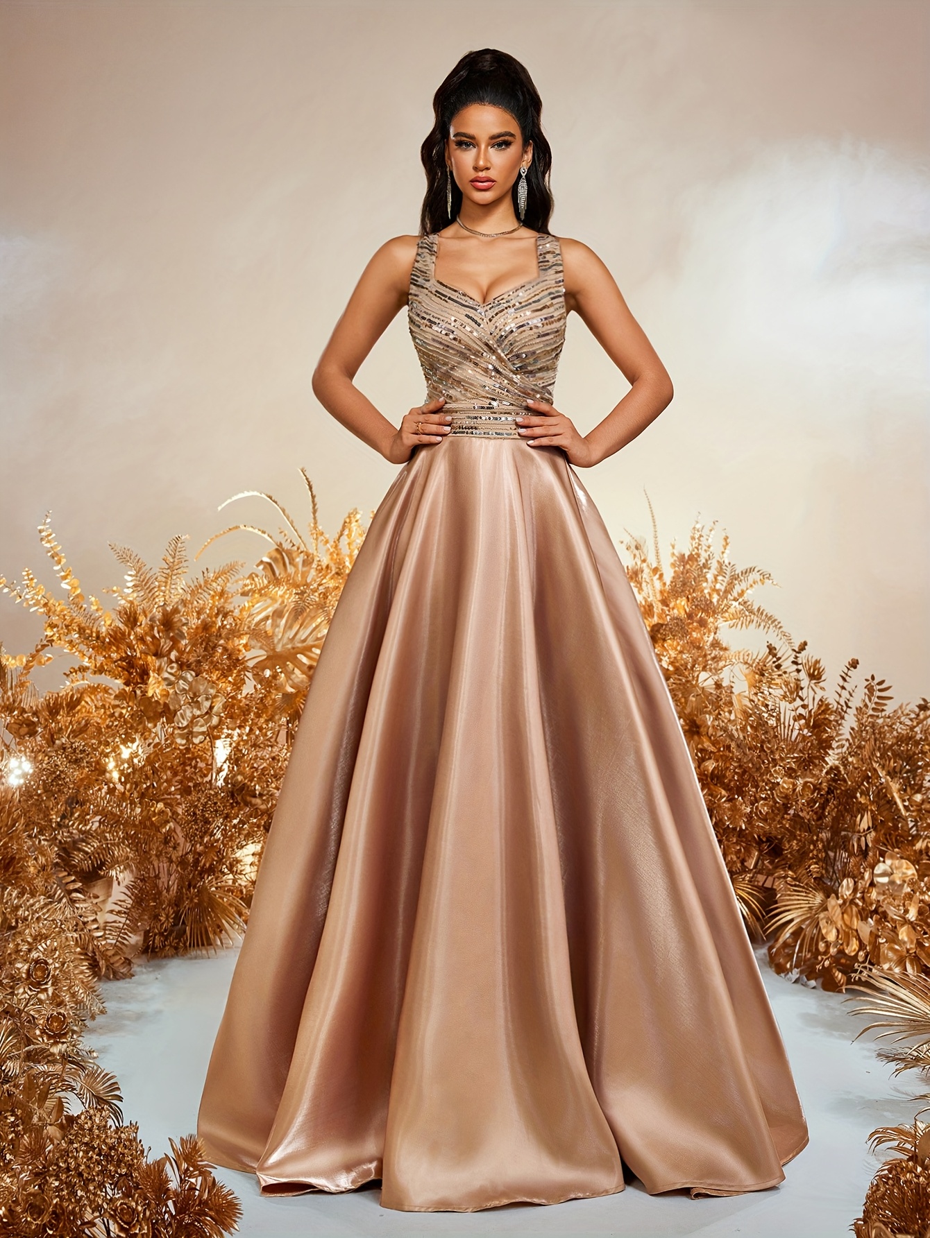 gold long formal dresses Long Gold Sparkly Prom Dresses V-neck main image 1