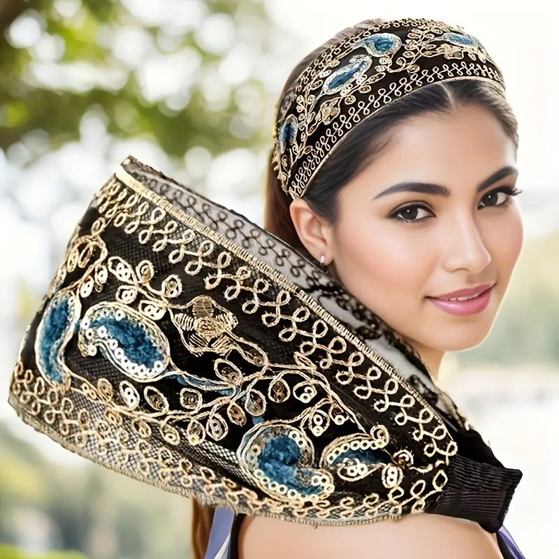 1pc elegant vintage polyester headband with sequins and floral embellishments non slip wide hair accessory for women daily wear spring carnival mardi gras masquerade details 2