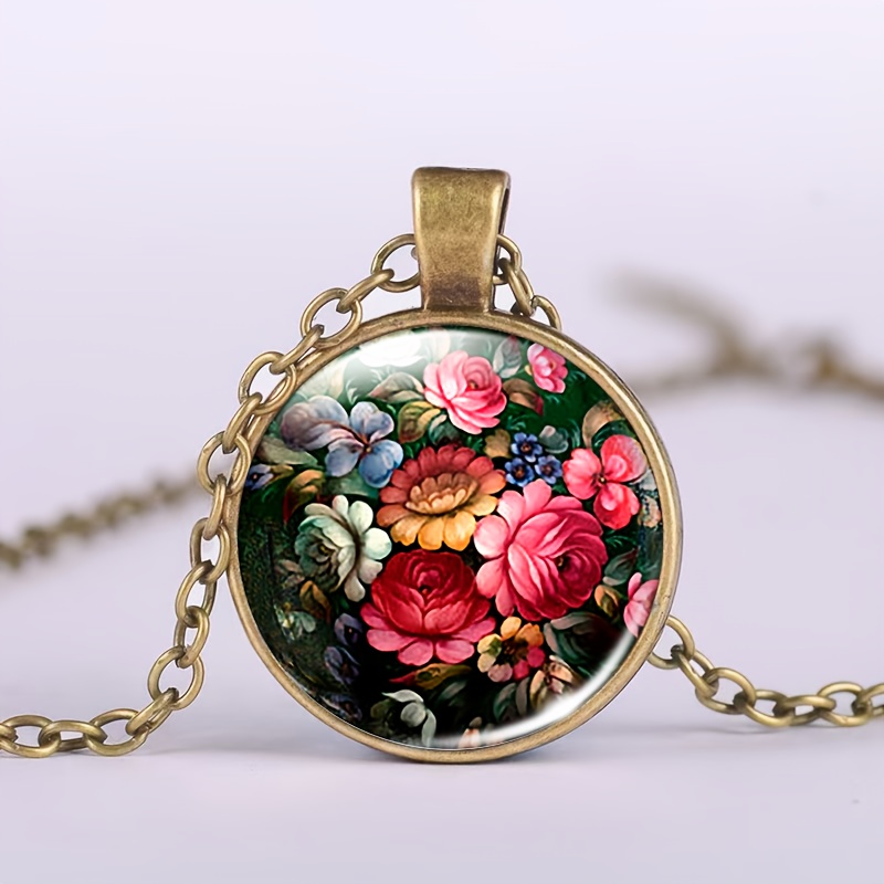 TEMU 1pc Brown Metal Material Glass Inlaid Colorful Pattern Necklace, Round Floral Pattern With Multicolor Flowers Including Pink Red Yellow Blue,