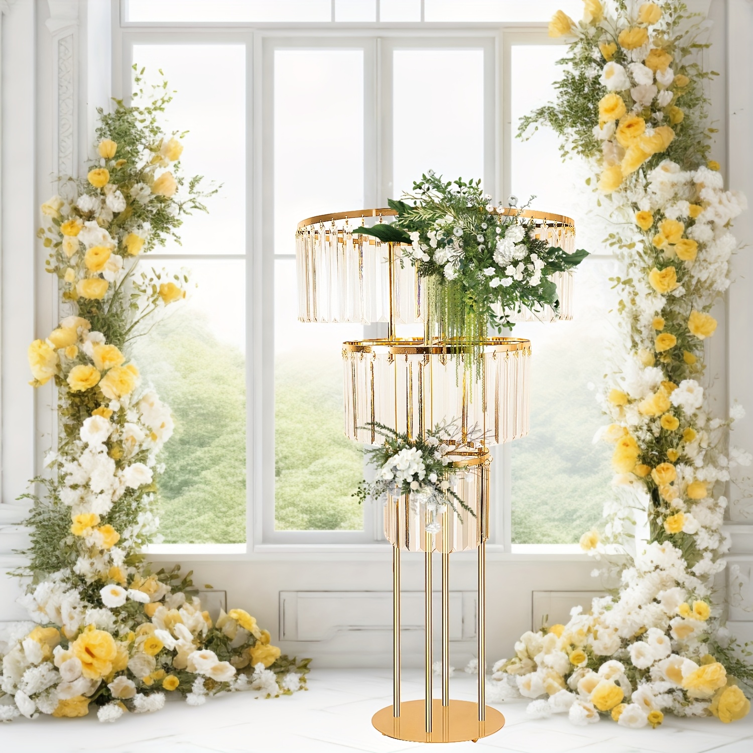TEMU 1pc 35.4inch Wedding Golden Vase, Centerpieces Stand With Hanging Crystals, 3-tier Round Pedestal Stand For Wedding Birthday Party Decoration