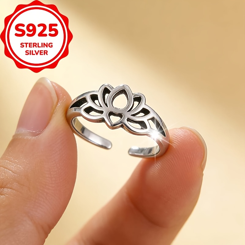 Women's S925 Silver Lotus Open Toe Ring, Adjustable Design