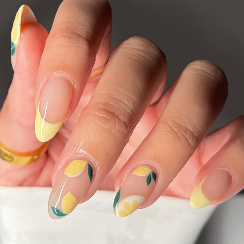 

Summer 24pcs/box Macaroon Yellow French Tip Press On Nails Fresh Lemon Pattern False Nails Medium Almond Fake Nails